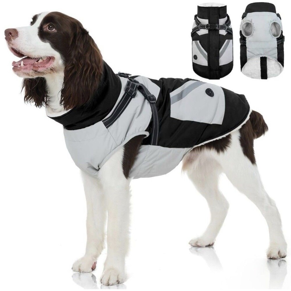 Warm Fleece Dog Jacket - Reflective, Adjustable Winter Coat Black Size Large